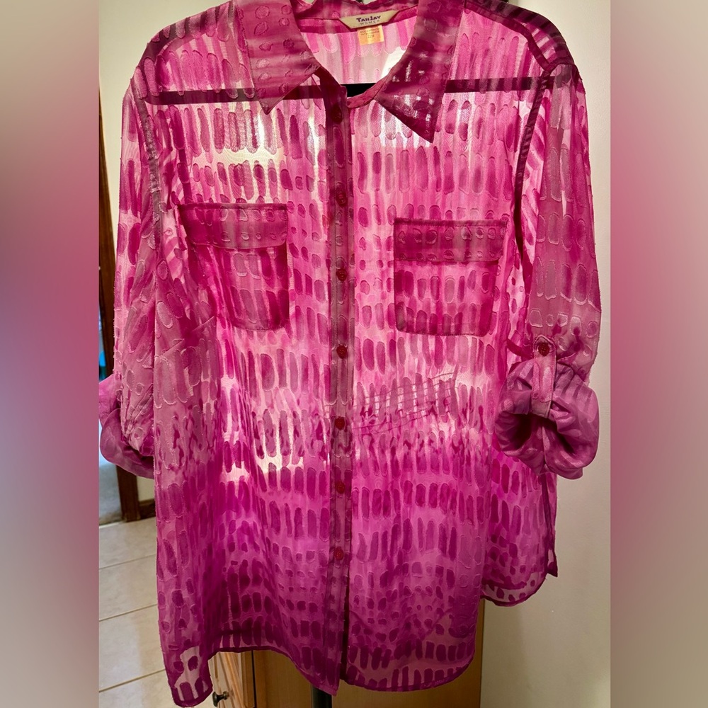 TanJay sheer pink button up blouse Size 22